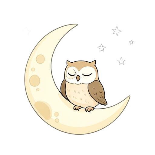 A sleepy owl resting on a crescent moon