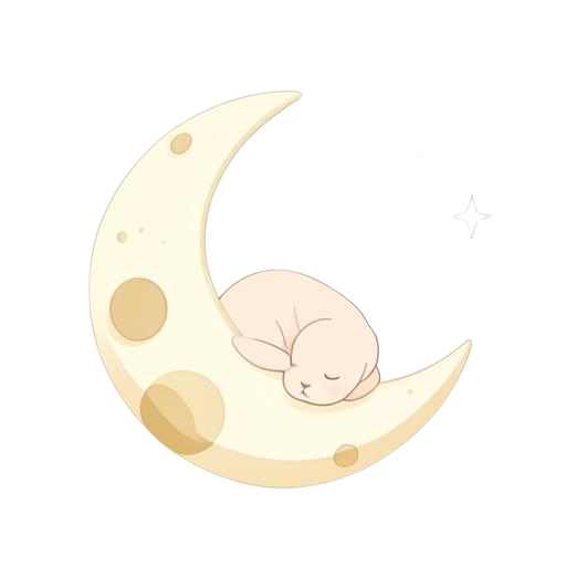A sleepy rabbit resting on a crescent moon