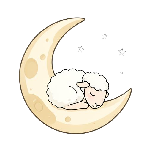 A sleepy sheep resting on a crescent moon